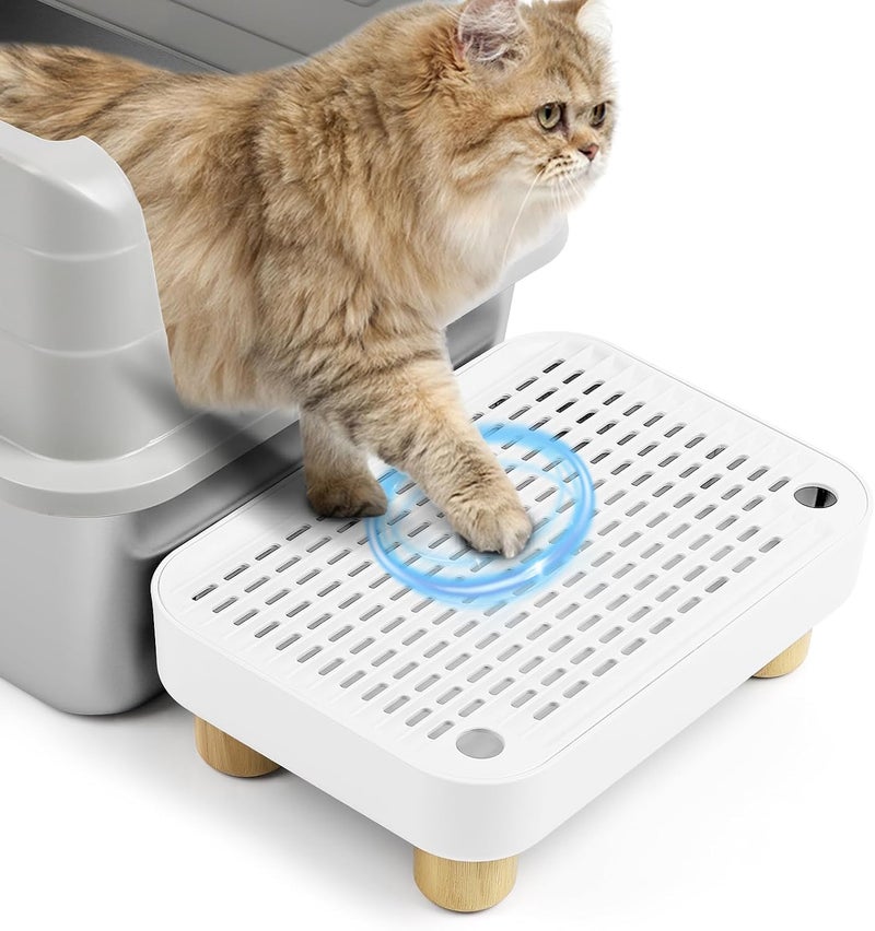 Bartuke Cat Litter Box Step Ramp, Cat Litter Catcher Mat with Wooden Feet, Filter Function, Pedal Stool for Self-Cleaning Litter Box, Ideal for Kitten & Elderly Cats (White) - Image 1